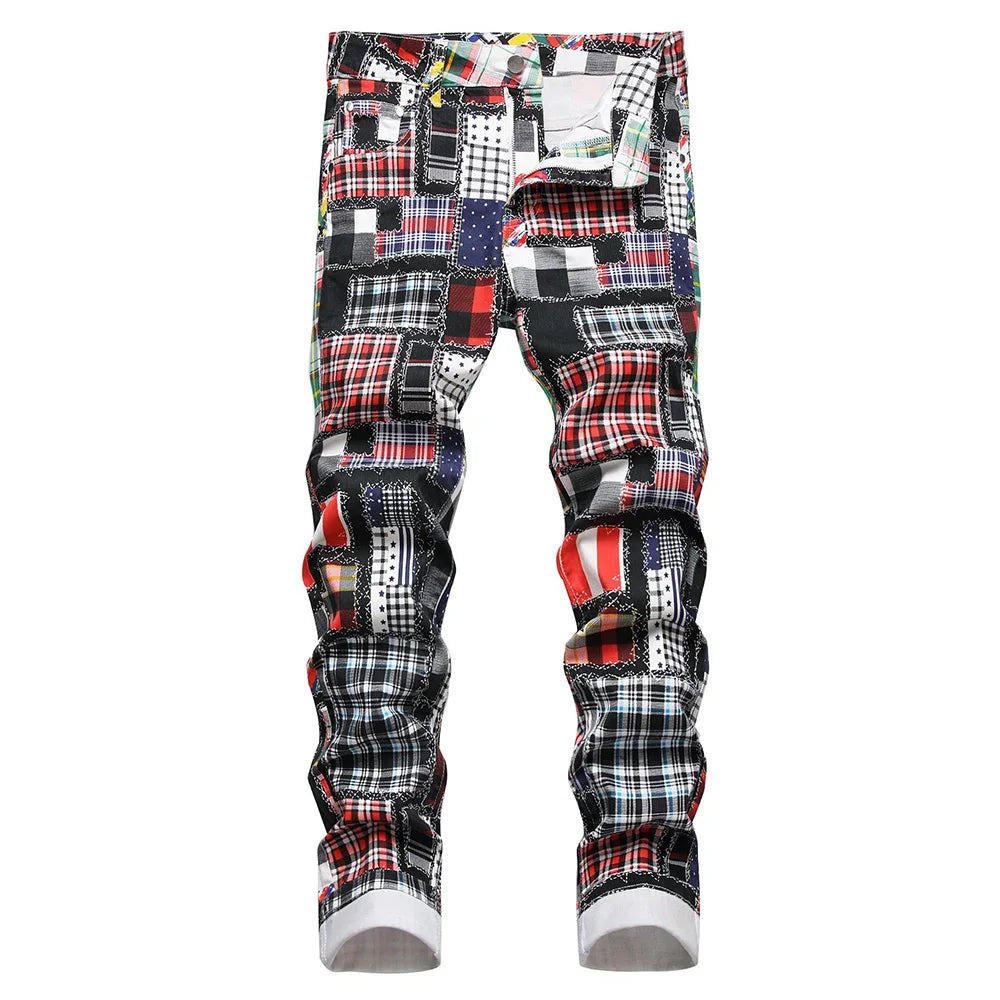 PATCH GRID - Men's Plaid Digital Print Patchwork Jeans - Slim Straight Stretch Denim