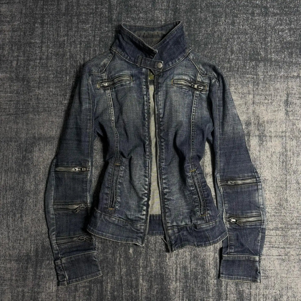 Y2K Multi-Zipper Denim Jacket – Gothic Punk Shoulder Pad