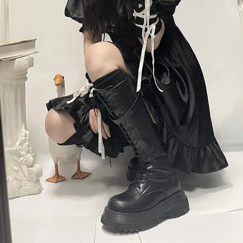 Lace-Up Knee-High Platform Boots – Belt Buckle