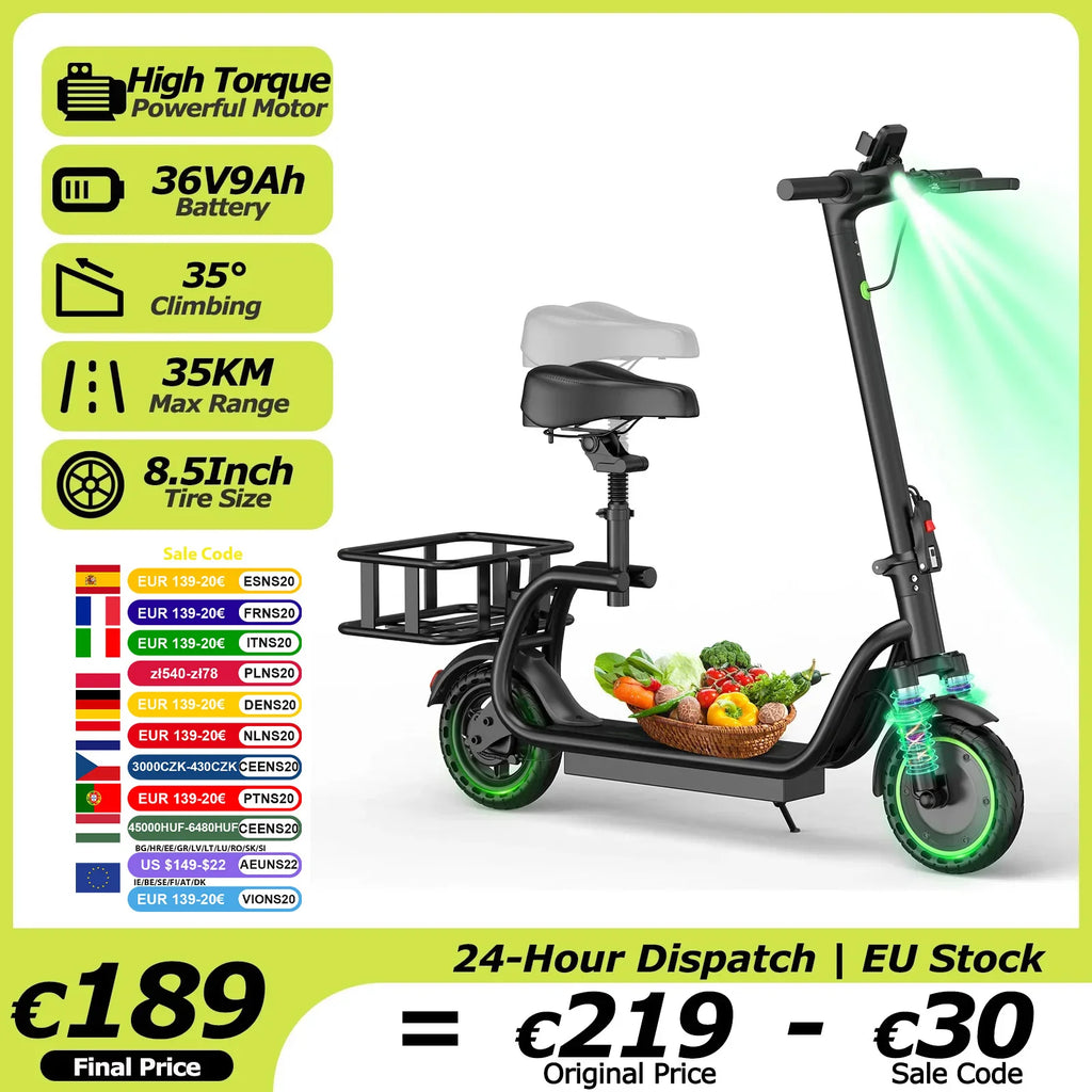 AOVOPRO ELECTRIC SCOOTER - 35 KM Range, Seat & Basket - Smart Rides