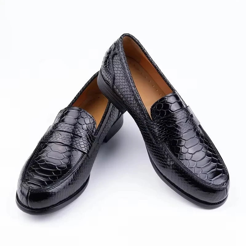 Men's Snake Print Penny Loafers - Genuine Leather Slip-On Pointed Toe Driving Shoes