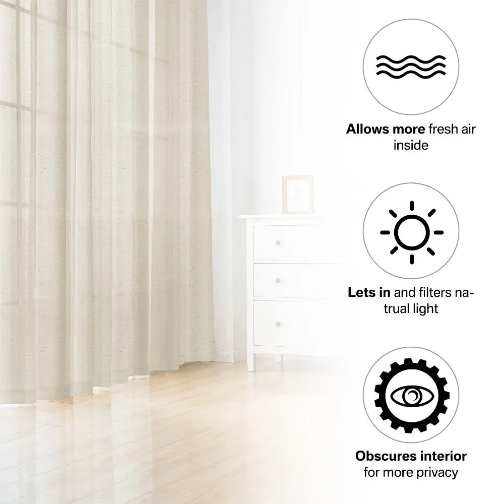 NATURAL LINEN SHEER CURTAINS - 65gsm, Rod Pocket, 5 Sizes - Soft Light