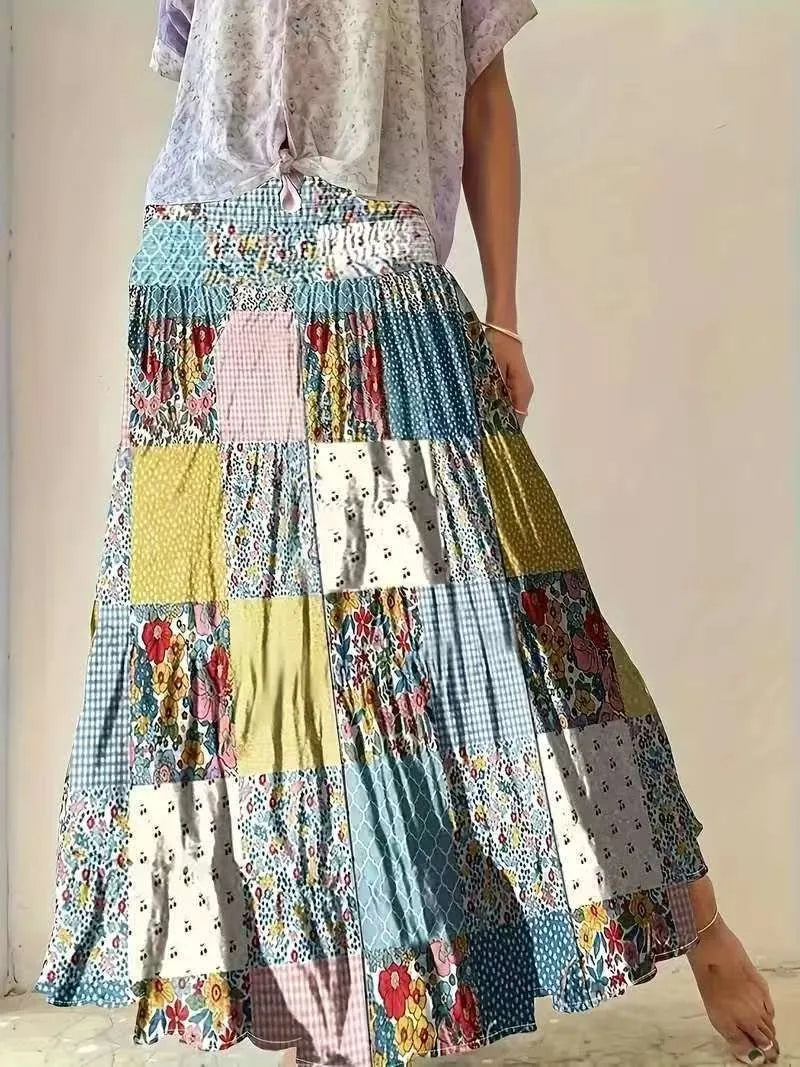 Printed skirt with gathers – high-waisted, casual style