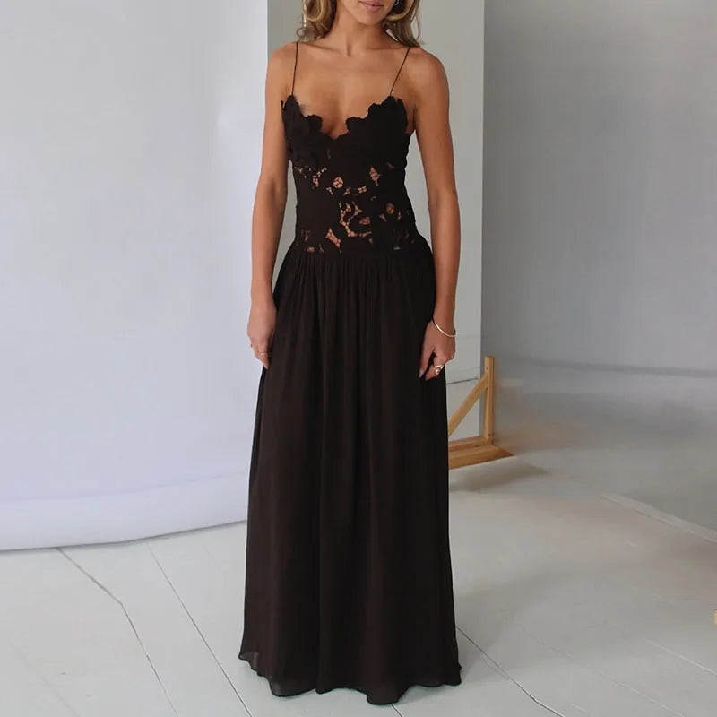 Elegant Pure Color Chiffon Dress Sexy Lace Spliced Mesh Pleated Evening Dress Fashion Hollow Out Sleeveless Halter Banquet Dress
