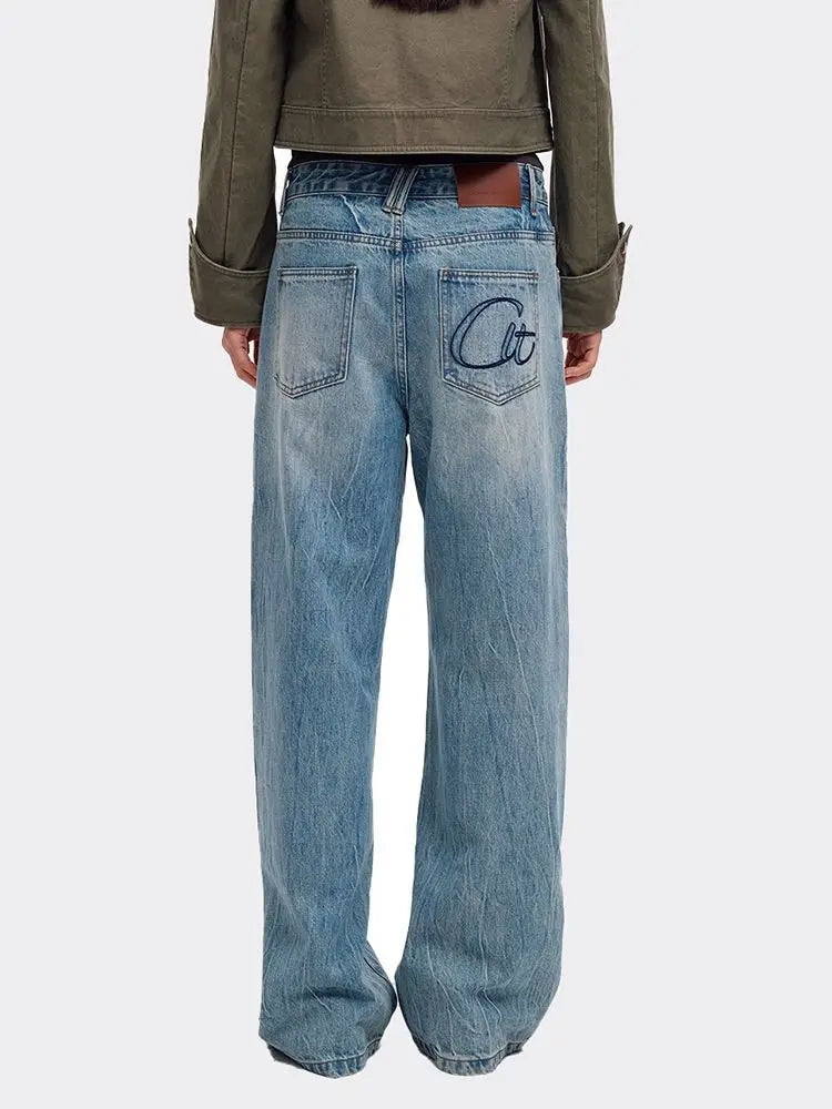 High Waist Wide Leg Jeans - Retro Print