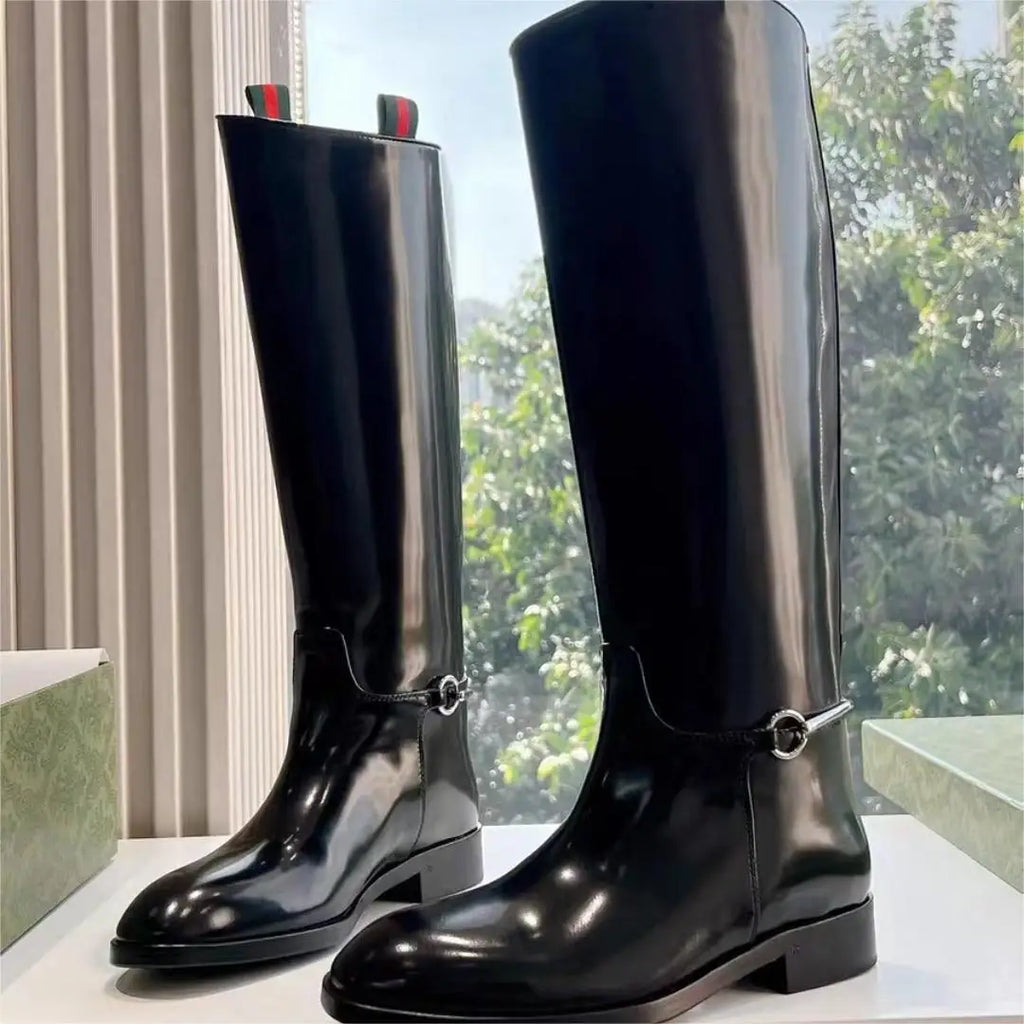 Patent Leather Slip-On Knee-High Boots – Low Heel