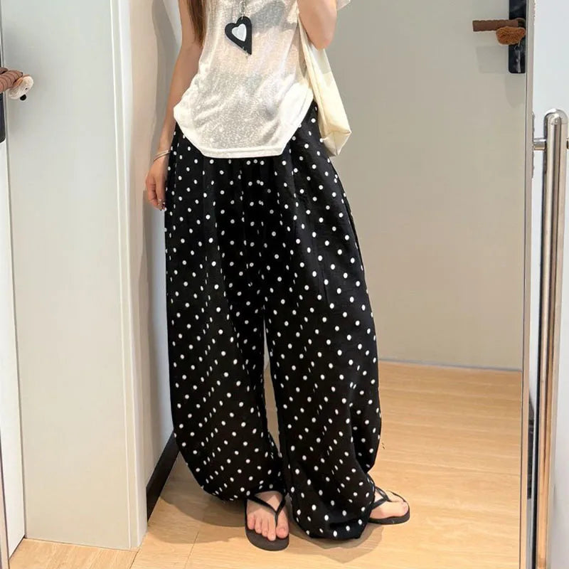 POLKA DOT LINEN WIDE-LEG PANTS - Drawstring High Waist, Loose Fit - Easy Summer