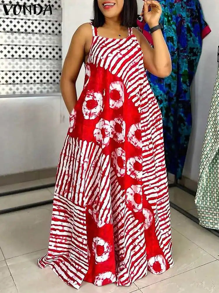 VONDA Plus Size 5XL Summer Bohemian Printed Maxi Dresses Sleeveless Party Beach Sundress Tank Long Vestido Casual Holiday Robe
