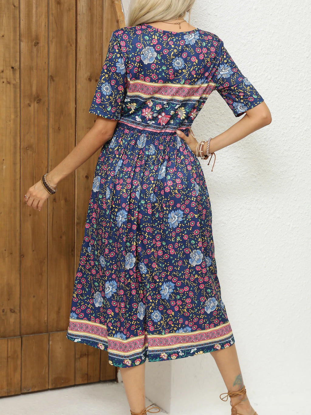 2024 Europe and America autumn ladies round neck short sleeve long skirt Bohemian print dress woman