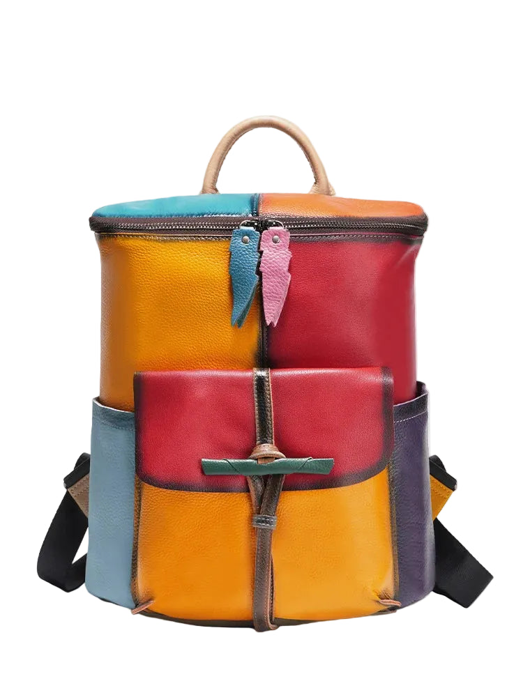 Patchwork Soft Cow Leather Backpack Rainbow Multicolor Large