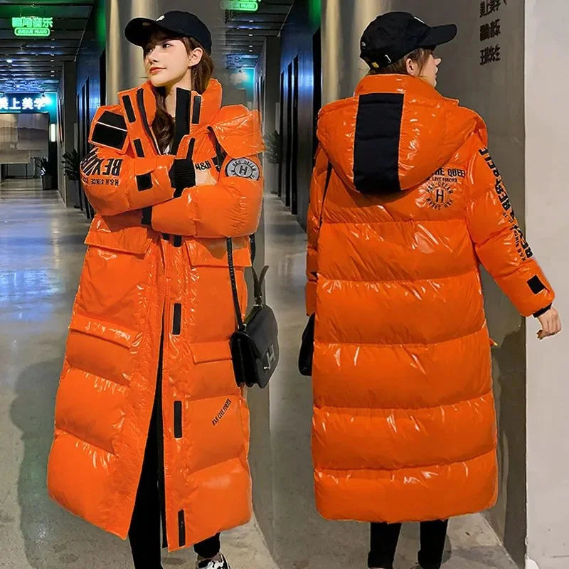 Glossy Puffer Parka – Hooded Windproof Long Coat