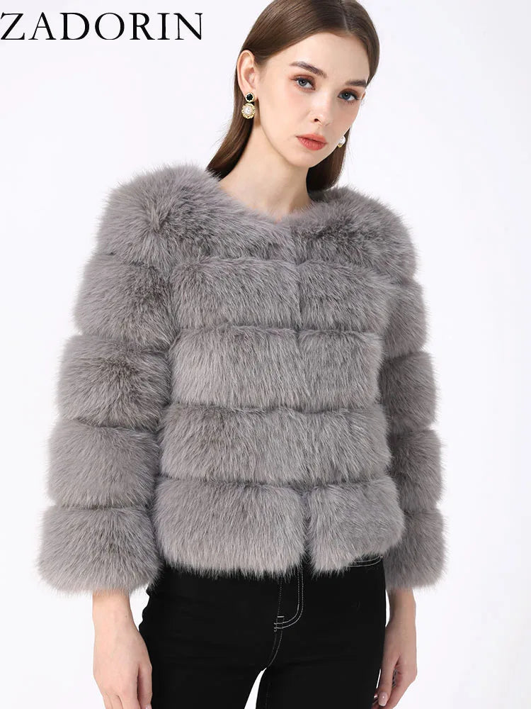 Women's Faux-Fur Jacket - Three-Quarter Sleeves - Plush Poise