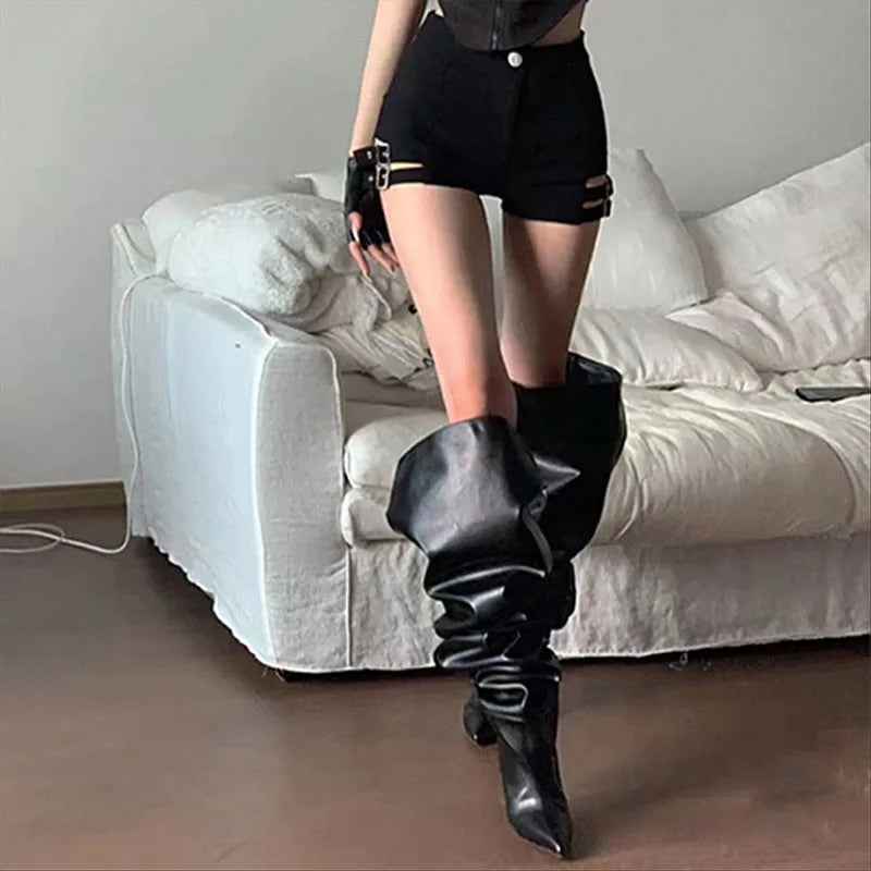 Thigh-High Pleated Boots – Fold Sleeve Stiletto Slip-On