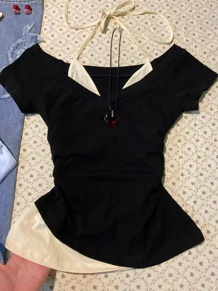 Aesthetic Vintage Slim Lapel White T-Shirts Women Summer Casual Short Sleeve Embroidery Letter Print Tops Skinny Thin Clothing