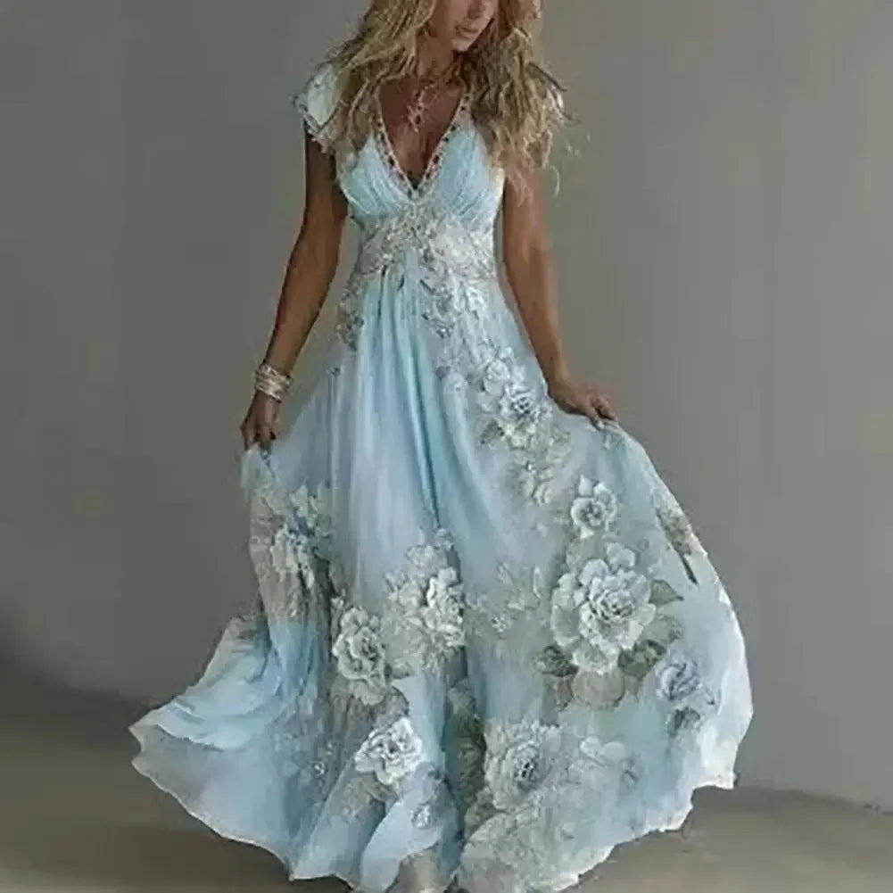 3d Pattern Women Summer Dress Floral Maxi Dress Short Sleeve V Neck A-line Swing Vestidos Floral Printed Beach Vacation Sundress