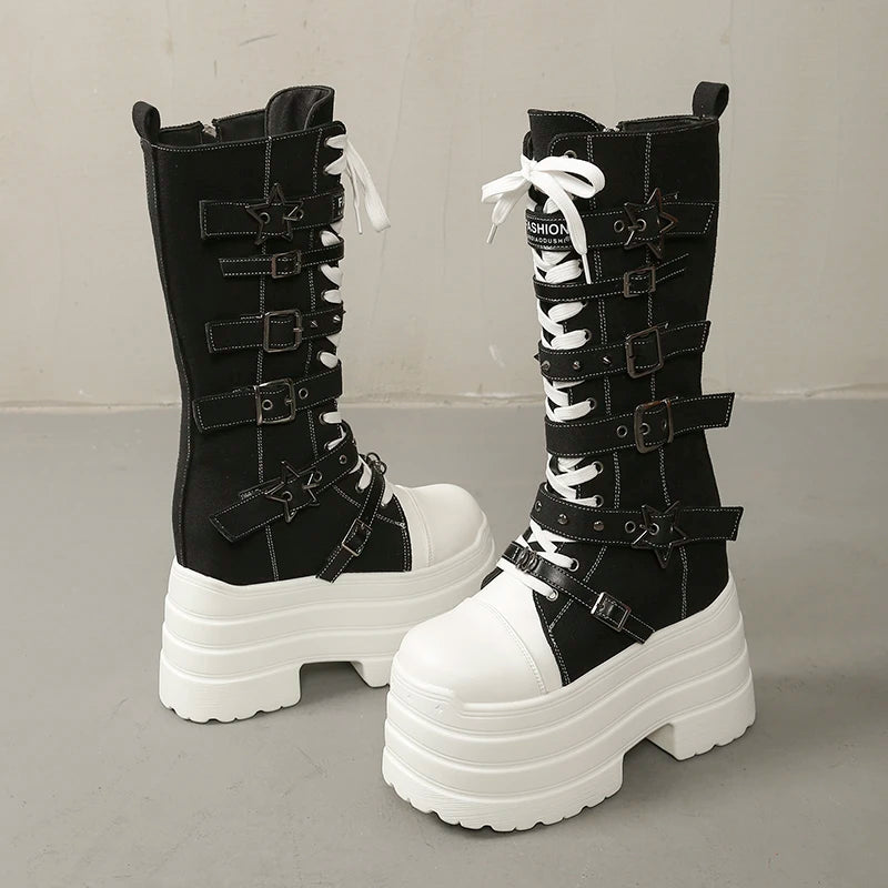 Lace-Up Pointed Toe Mid-Calf Boots – Square High Heel
