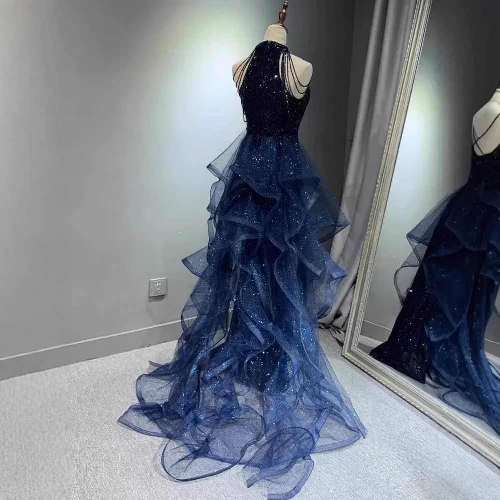 Navy & Black Evening Gown - Sweep Train - Midnight Grace
