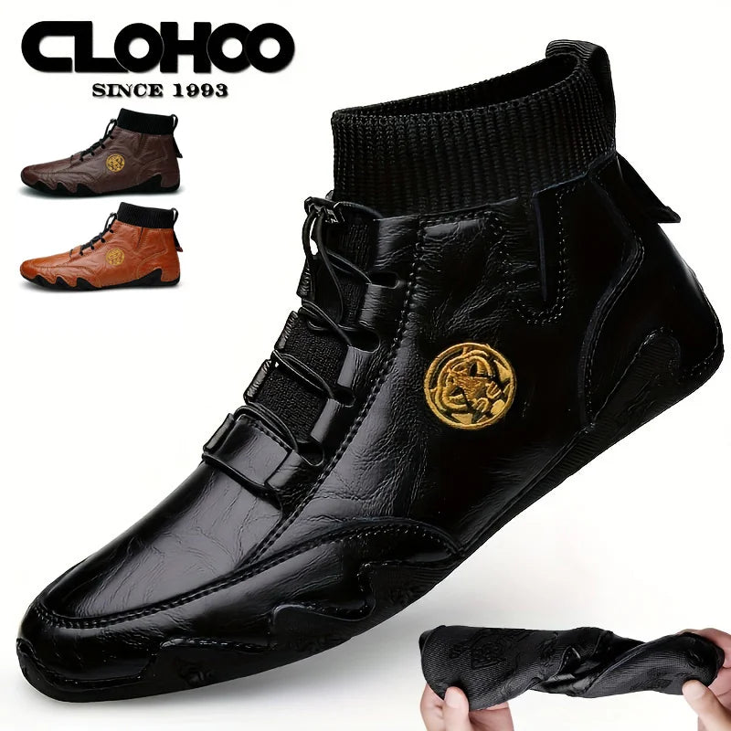 Men's Genuine Leather Ankle Boots - Elastic Band Round Toe Business Casual Handmade