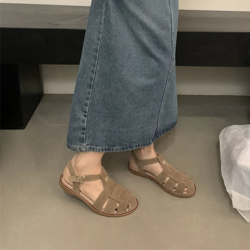 DIMANYU Women's Roman Sandals 2023 Summer New Flat Retro Real Leather Ladies Sandals Hollowed Women's Cage Shoes