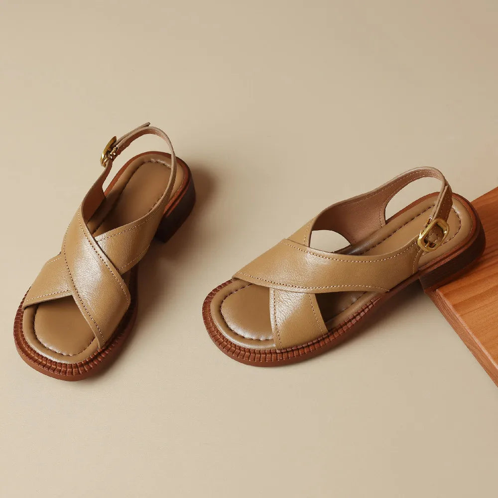 Women's flats sandals genuine leather cross strap open toe summer casual female footwear high quality soft comfortable plus size