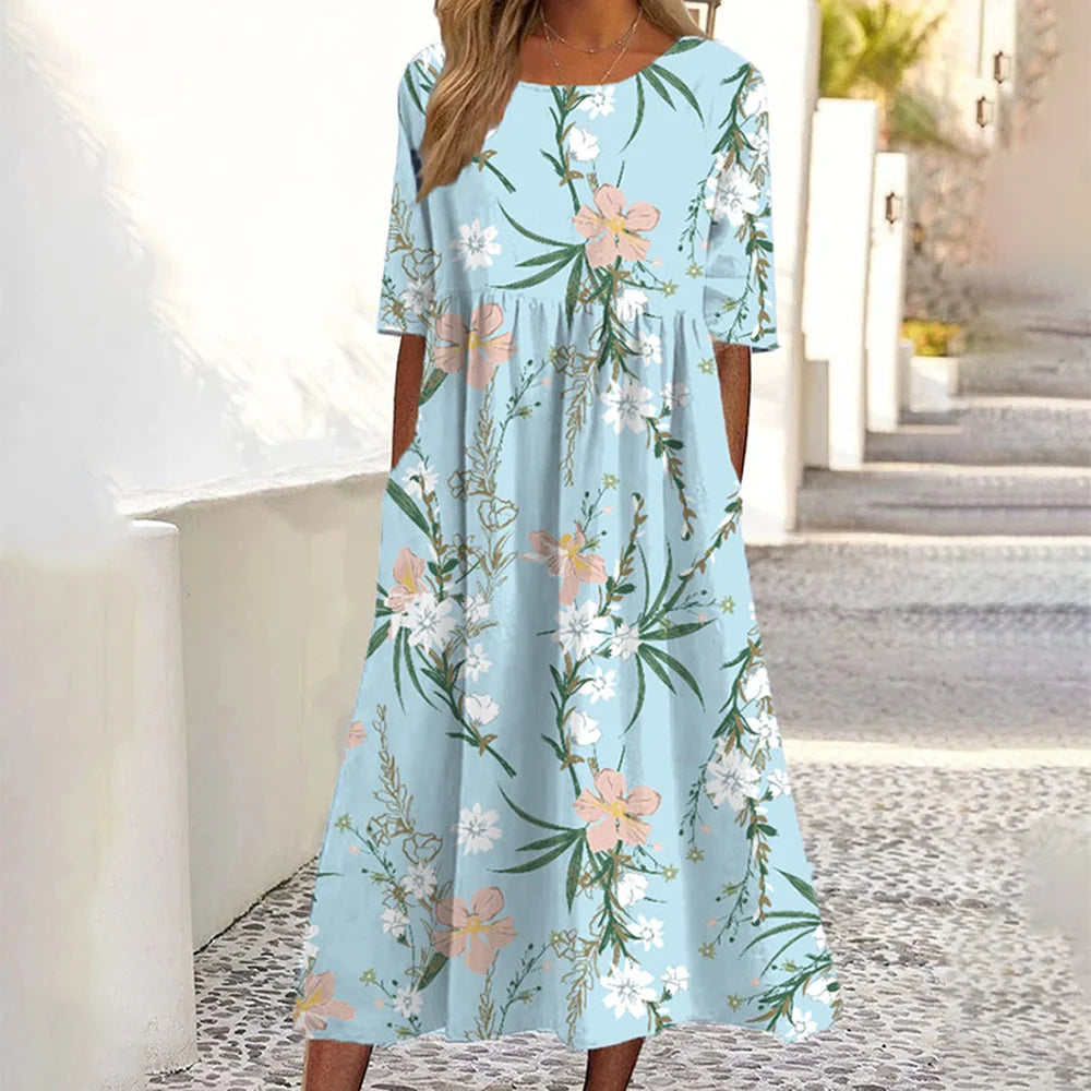 Floral Print Casual Midi Dress – Short Sleeve with Pockets