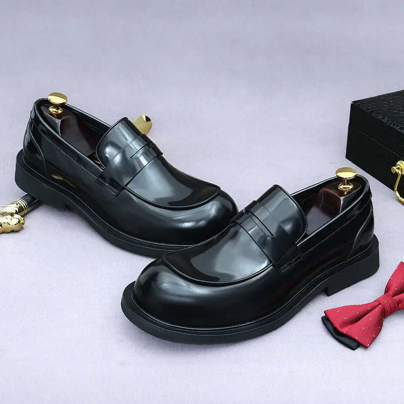 Men's Genuine Leather Slip-On Shoes - Bright Lacquered Round Toe British Style