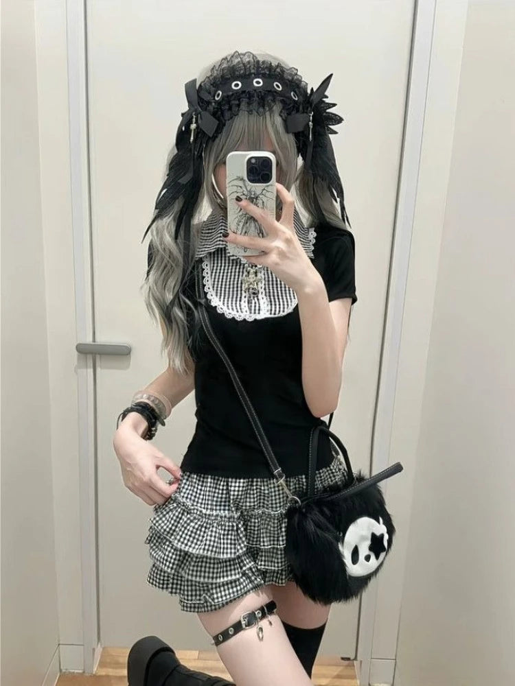 Y2k Black Short Sleeve T-Shirt Vintage Retro Black White Plaid Patchwork Button Sweet Bodycon Fit Polo Top Women Casual Summer