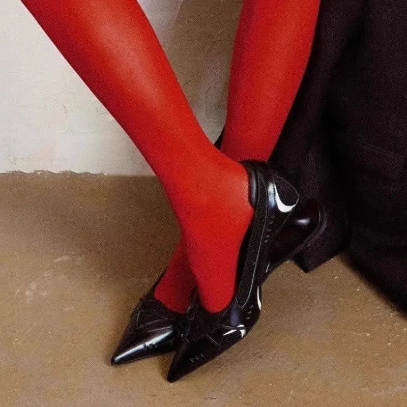 New Bow Mary Jane Sport Retro Pointed Toe Shallow Mouth Splice Surface Suspension Heel Anti-Slip Wear-Resistant High Heels