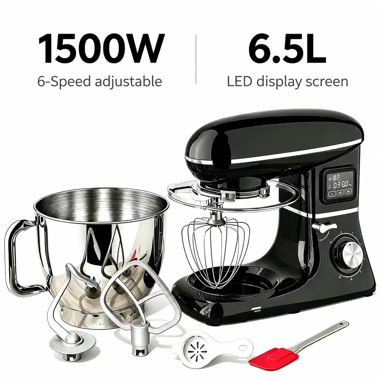 1500W Stand Mixer 6.5L - 6-Speed Kitchen Food Mixer LED