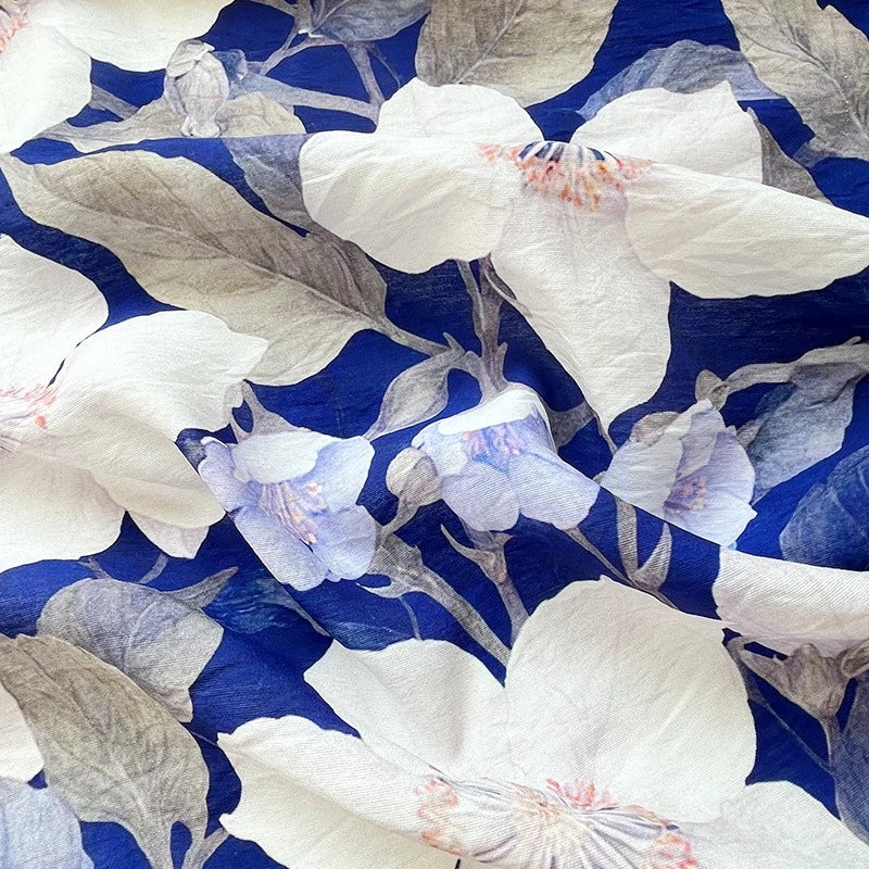BLUE FLORAL COTTON-BLEND FABRIC - 150cm Wide, Continuous Length - Home Sewing