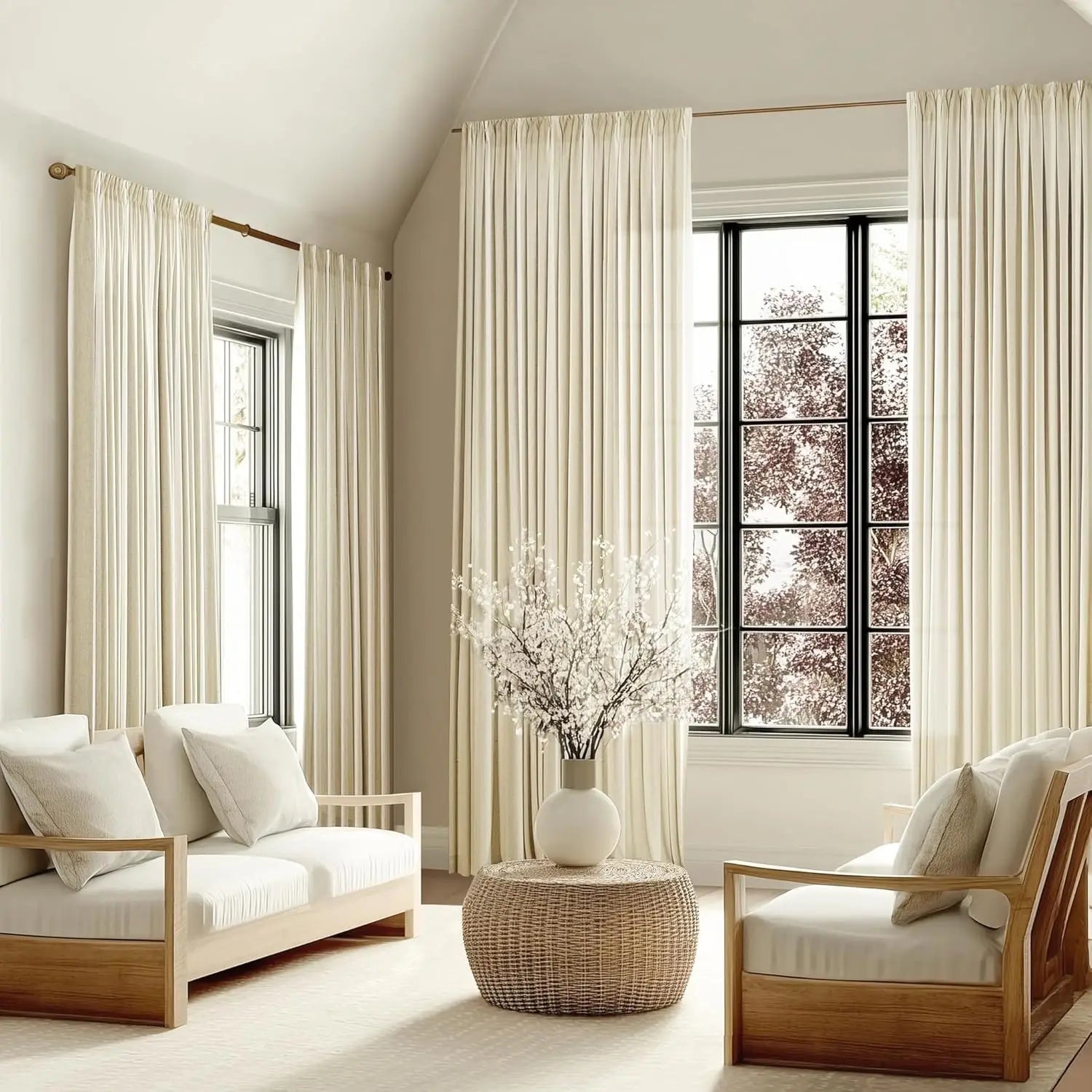 PINCH PLEAT LINEN CURTAINS - Heavy 280gsm Semi-Sheer Panel - Structured Drape, Quiet Rooms