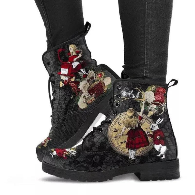 Women's Autumn Short Boots British Style Tooling Boots Skull Print Flower High-top Ladies Ankle Boots Vintage Botte Femme Hiver