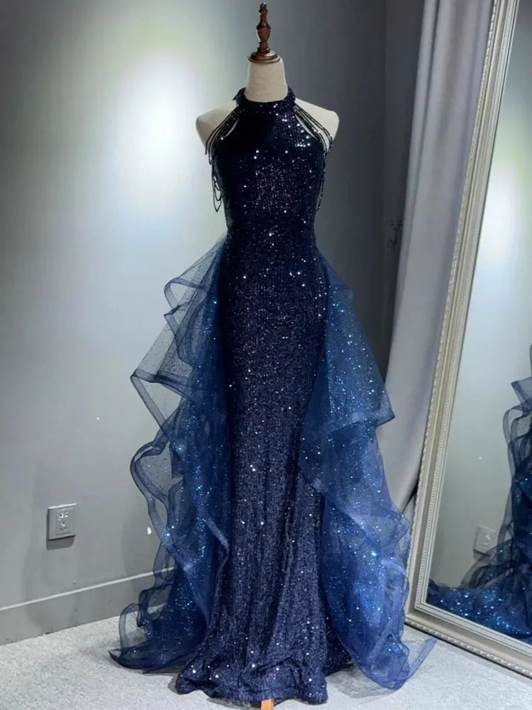 Navy & Black Evening Gown - Sweep Train - Midnight Grace
