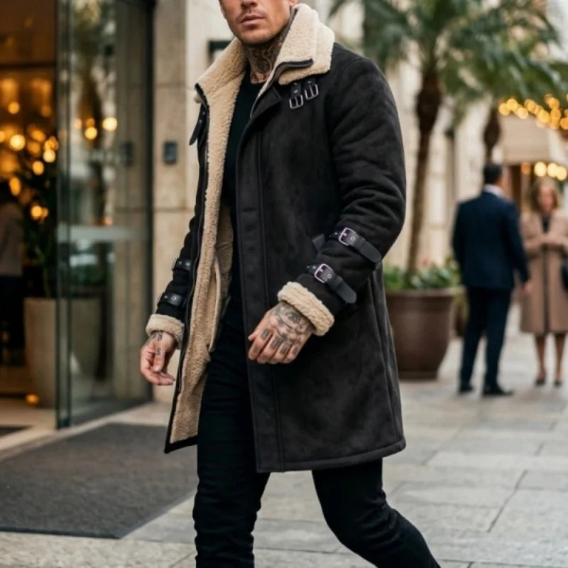 DOUBLE COLLAR FLEECE JACKET - Men's Mid-Length Windproof Winter Coat Zipper Pockets Outdoor Street Style - Black / Gray / Army Green / Khaki