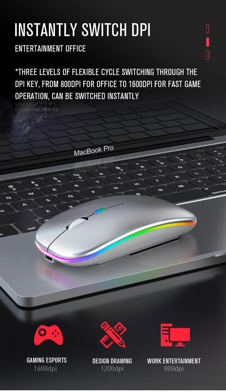 Rechargeable Bluetooth Wireless Mouse with 2.4GHz USB RGB 1600DPI Mouse for Computer Laptop Tablet PC MacBook Gaming Mouse Gamer
