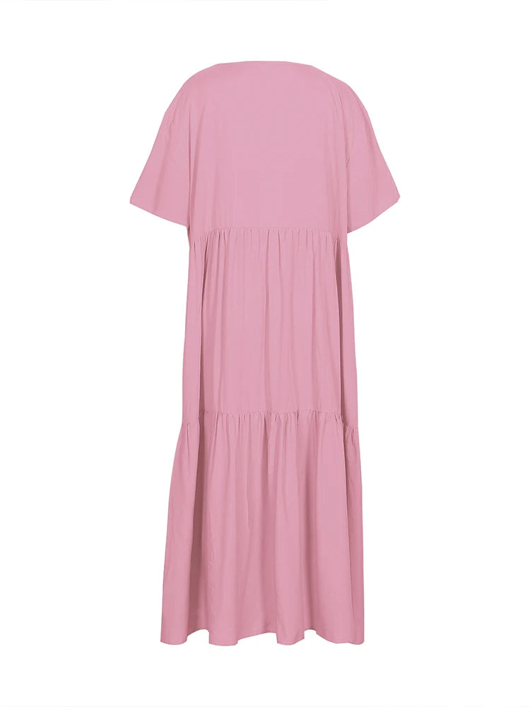 Plus Size 2025 Summer New V-neck Short Sleeve Pleated Solid Color Loose Casual Midi Dress Basic Hem Pleated