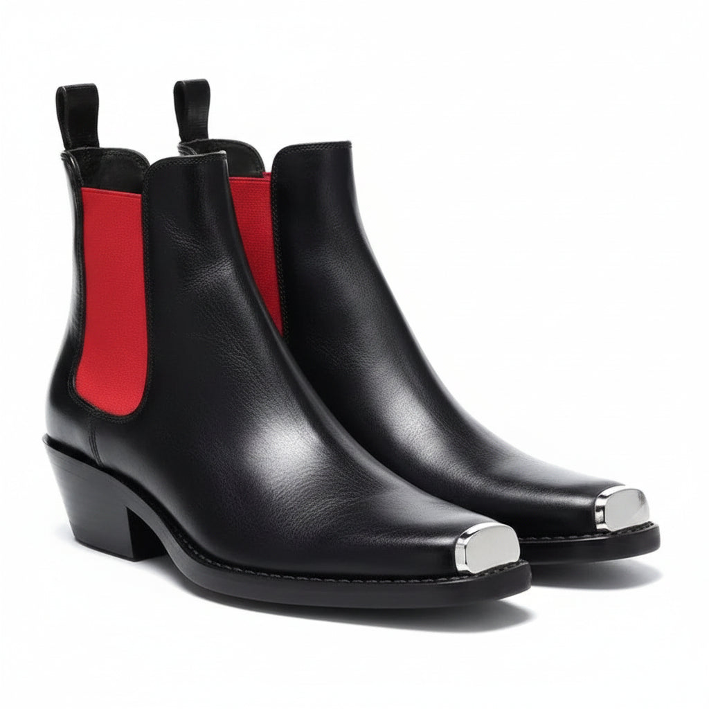 Men's Genuine Leather Chelsea Boots - Metal Square Toe Slip-On Motorcycle Ankle Boots