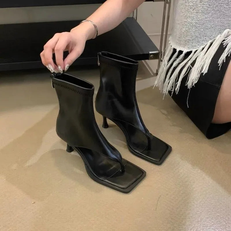 Stiletto Clip-in Herringbone Toe Square Toe Sandals Women's High Heel Cold Boots All-match Booties Summer