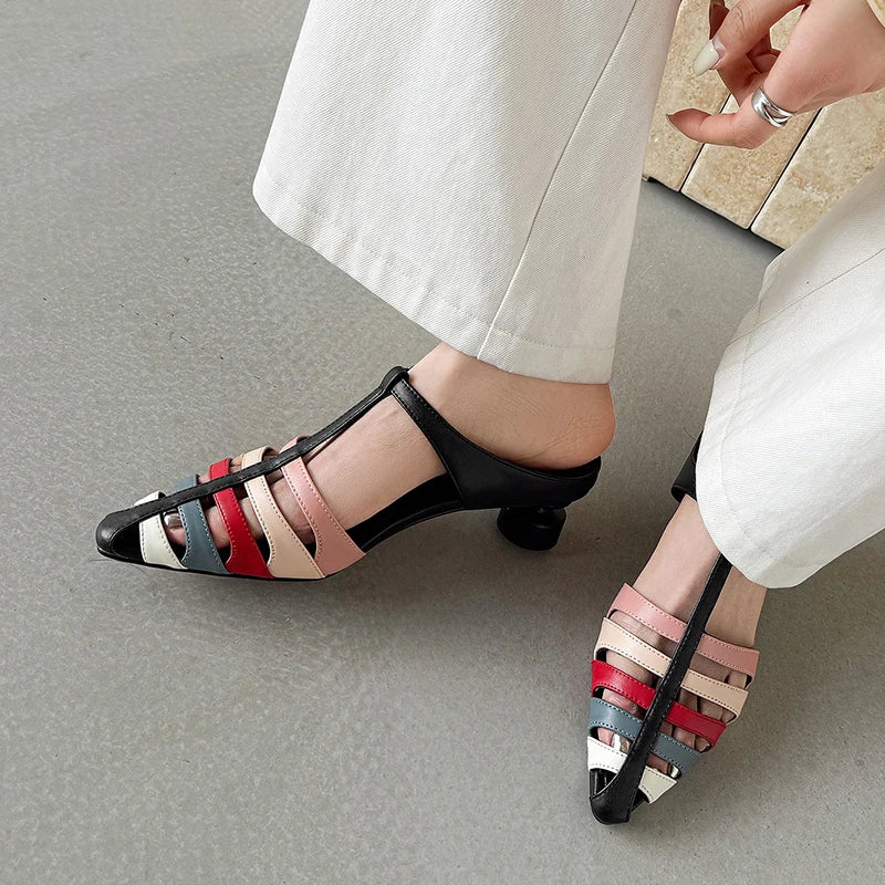 2026 New Summer Slippers Pointed Toe Women Shoes Fashion Hollow-out Mules High Heels Ladies Shoes Handmade Women's Slippers