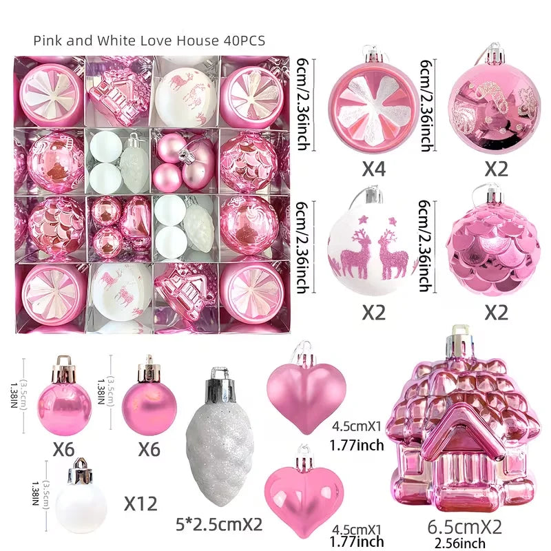 Pink & White Ornament Set - 40 Pieces - Soft Christmas