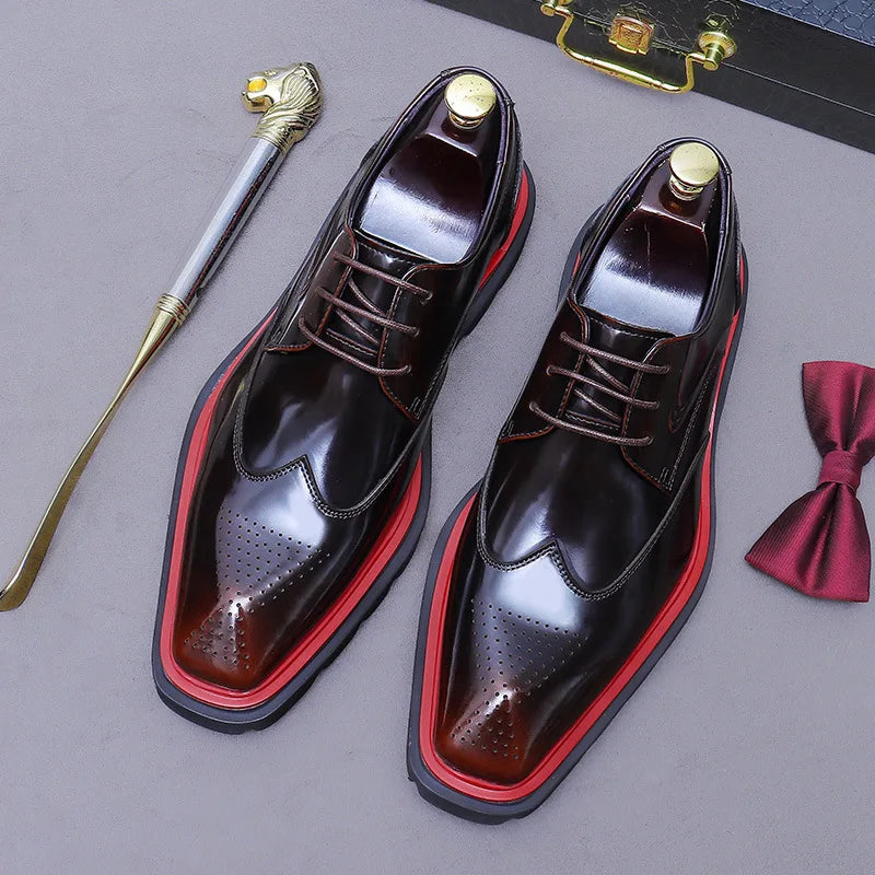 BURGUNDY WING - Men's Patent Leather Wingtip Brogue Derby Shoes - Thick Sole, Non-Slip Office Footwear