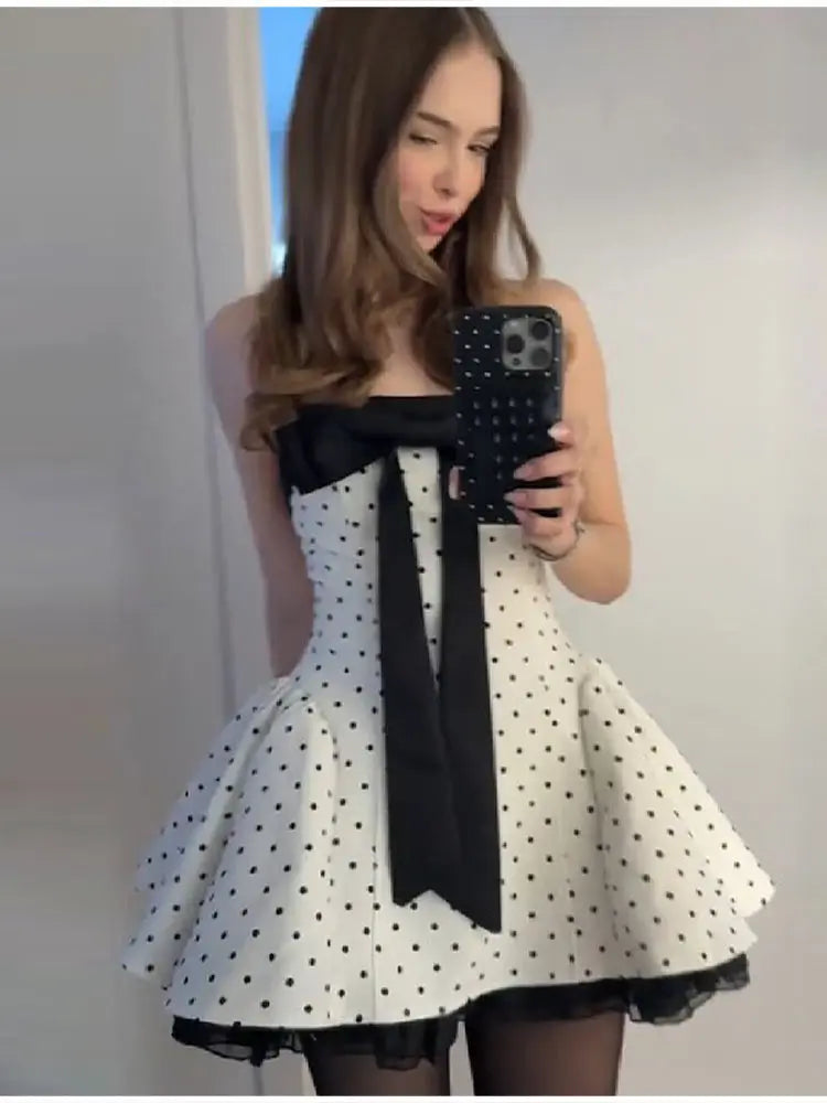 Vintage Sweet Polka Dot Mini Dress Strapless Bow Flared Skirt Dresses Women Birthday Party Cute Chic Playful Stylish Outfits