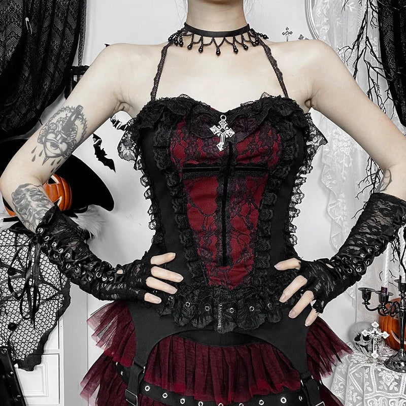 Unholy Lace Halter - Black Goth Corset Top With Cross And Red Velvet