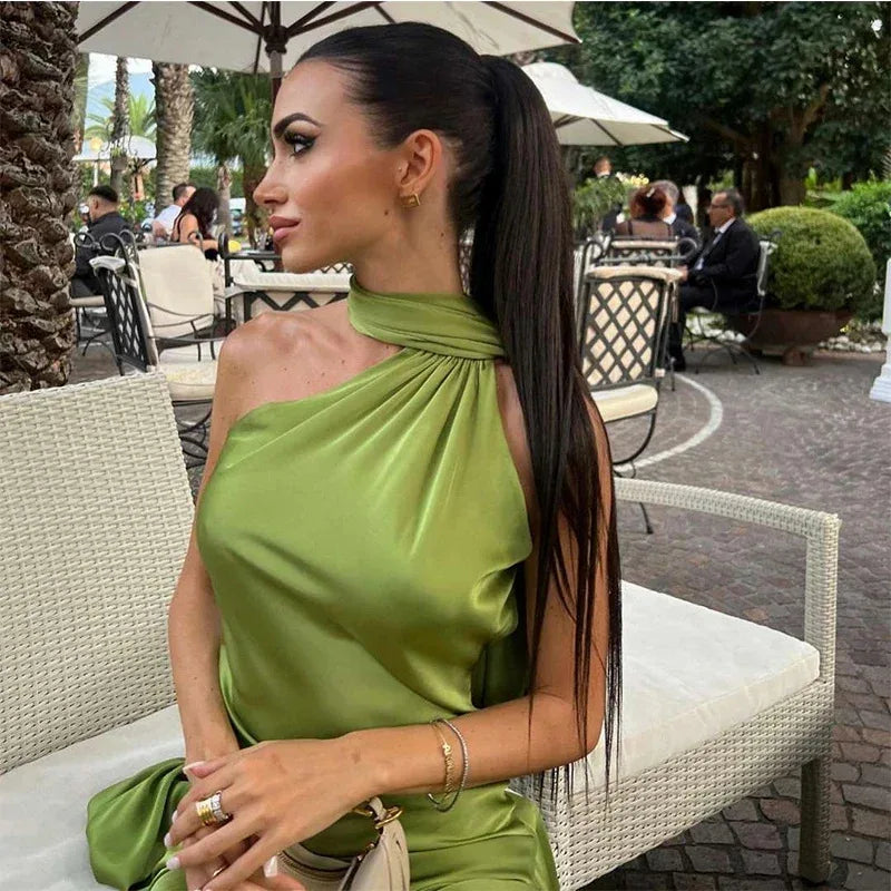 Satin Ribbon Halter Long Dresses Women's Backless Casual Maxi Dress Evening Wedding Guest White Blue Green Summer Graduation New