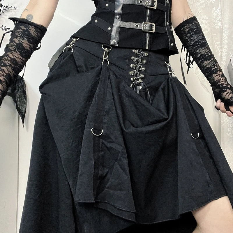 Goth Punk Lace-Up Long Skirt - Black Irregular A-Line with Rings