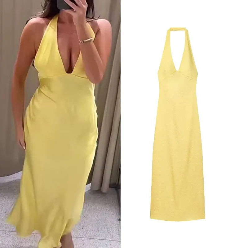 Women's Satin Long Dress New 2026 Summer Fashion Women Polka Dots Sleeveless Halter-Neck Back Bow Dress Female Midi Dresses