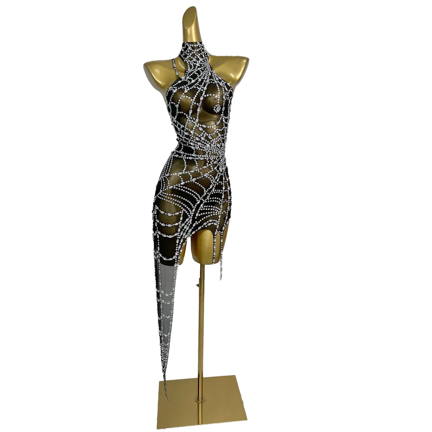 Zhizhu Black Mesh Irregular Dress Sexy Hollow Silver Rhinestone Spider Web Dress Bar Singer Dancer Celebrity Performance Costume