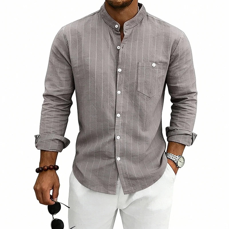 STRIPED LINEN JACQUARD SHIRT - Stand Collar, Loose Fit, Long Sleeve - Easy Days
