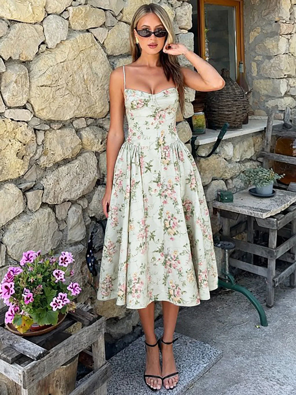 Vintage Floral Midi Dress Women's High Waist A-Line Sundress Green Dresses Summer Female 2025 Wedding Guest New White Evening