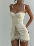 New slimming belted lace halter dress French style sexy short figure-hugging summer dress satin fishbone detailing Y2K Daily